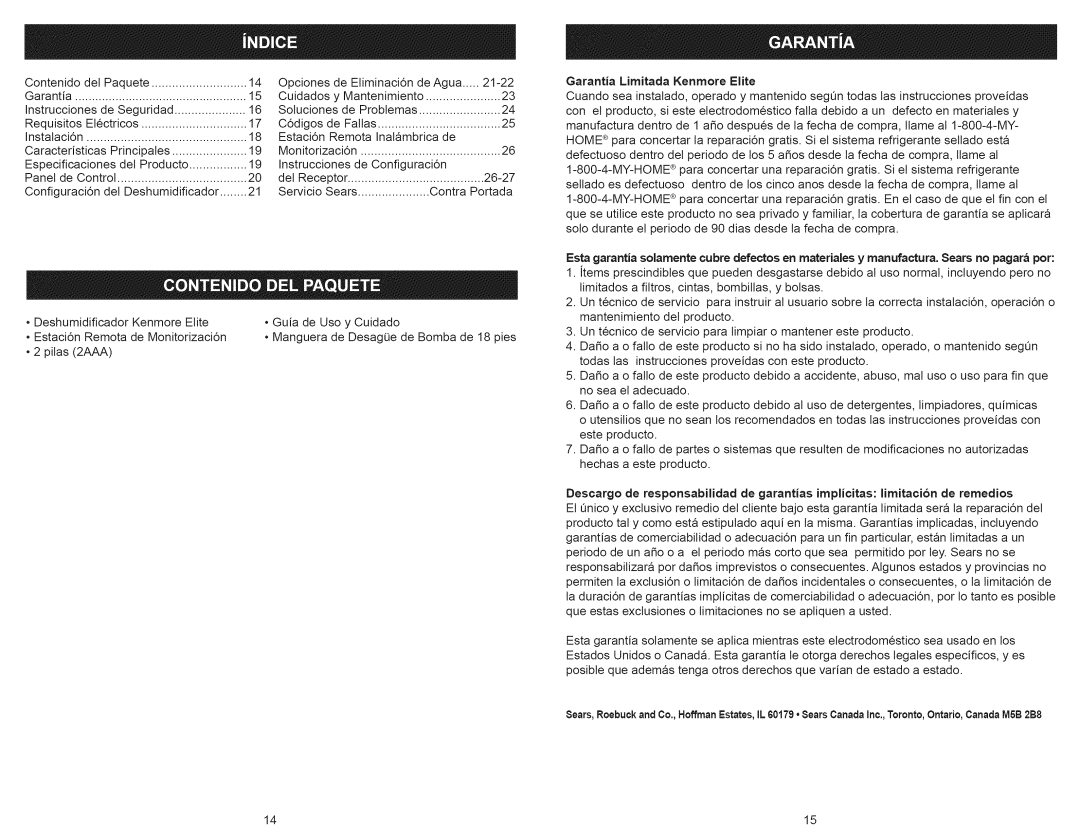 Kenmore 251.90701 Contenido Det Paquete Opciones De Etiminaci6n, 21-22, 26-27, Configuraci6n Det Deshumidificador Servicio 