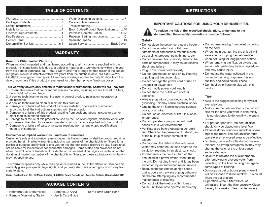 Kenmore 251.90701 manual Important Cautions For Using Your Dehumidifier, Safety, Kenmore Elite Limited Warranty, Tips 