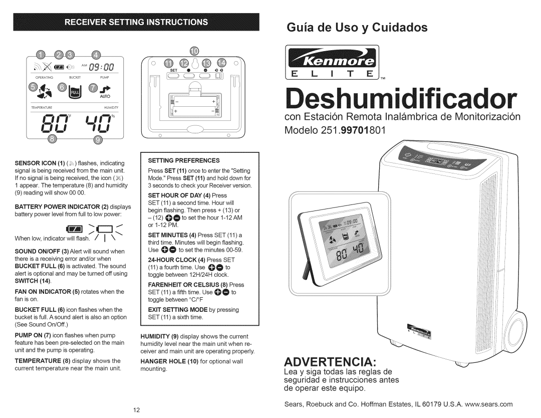 Kenmore 251.90701 manual Deshumidificador, on un, Ol l ll, Guia de Uso y Cuidados, Advertencia, Modelo, o @ o 