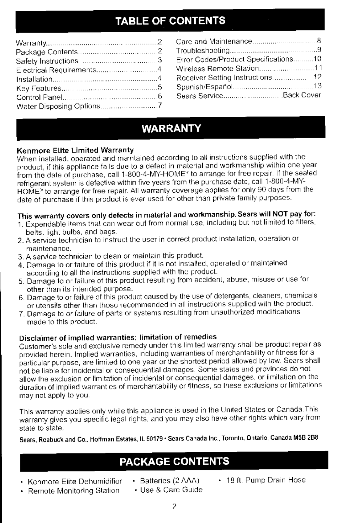 Kenmore 251.907Q1 manual Warranty . PackageContents 