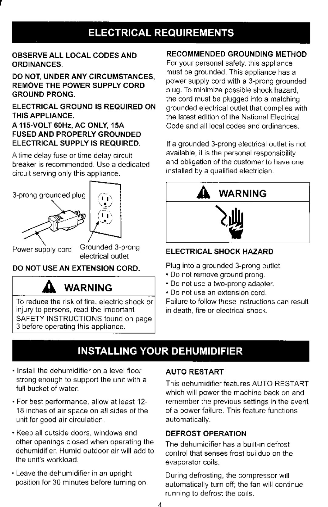 Kenmore 251.907Q1 Observeall Localcodesand Recommendedgroundingmethod, Removethe Powersupplycord Groundprong, Auto Restart 