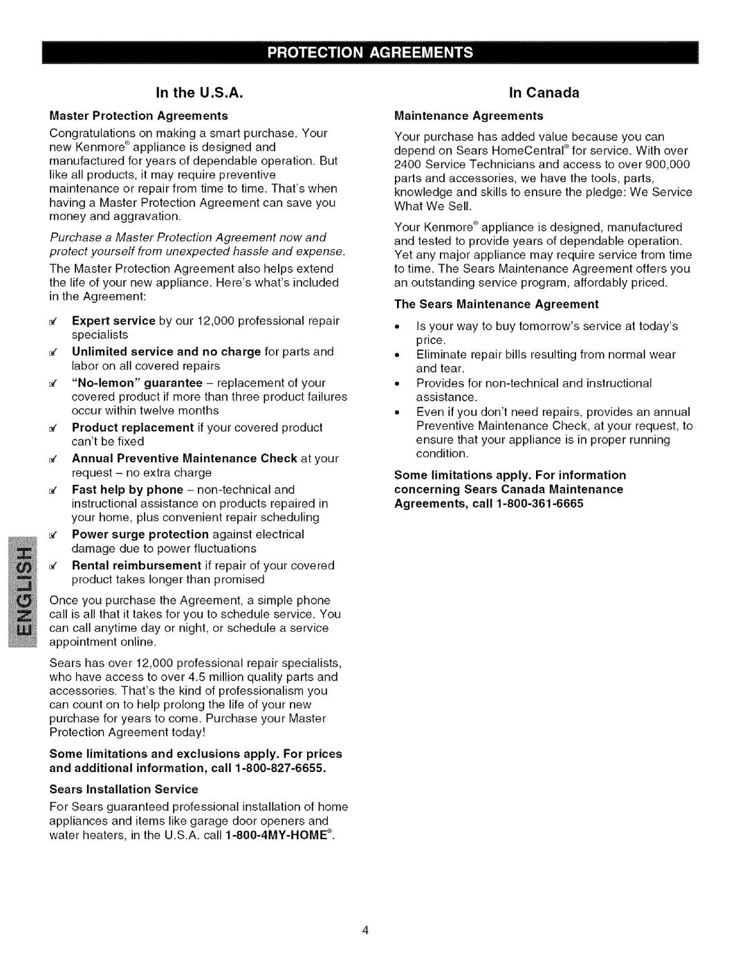 Kenmore 25326722102, 25327202700 manual Master Protection Agreements, Maintenance Agreements, Sears Maintenance Agreement 