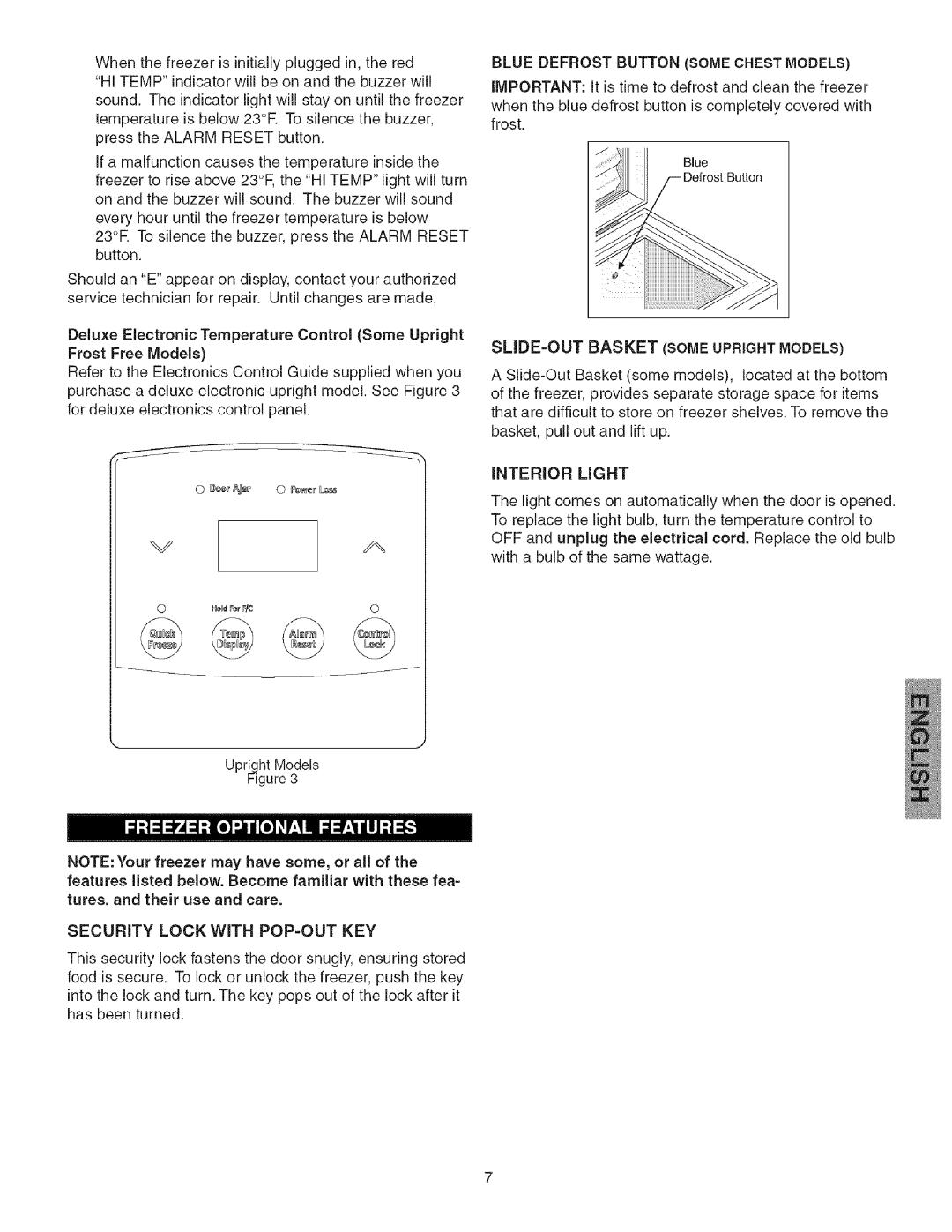 Kenmore 25328052802 manual Blue Defrost Button Some Chest Models, SLIDE-OUT Basket Some Upright Models, Interior Light 