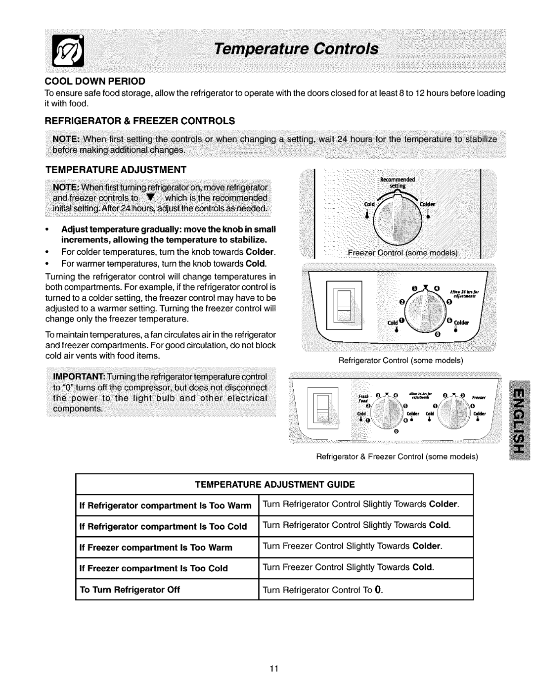 Kenmore 240432307 Cool Down Period, Refrigerator & Freezer Controls Temperatureadjustment, Temperature Adjustment Guide 