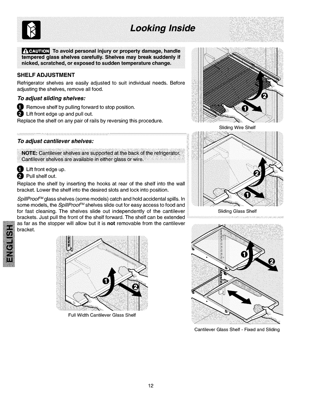 Kenmore 2533184010C, 240432307 manual Shelf Adjustment, To adjust sliding shelves, To adjust cantilever shelves 