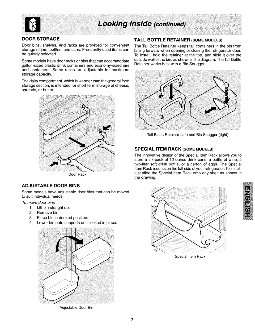 Kenmore 240432307 manual Doorstorage, Tall Bottle Retainer Some Models, Adjustable Door Bins, Special Item Rack Some Models 