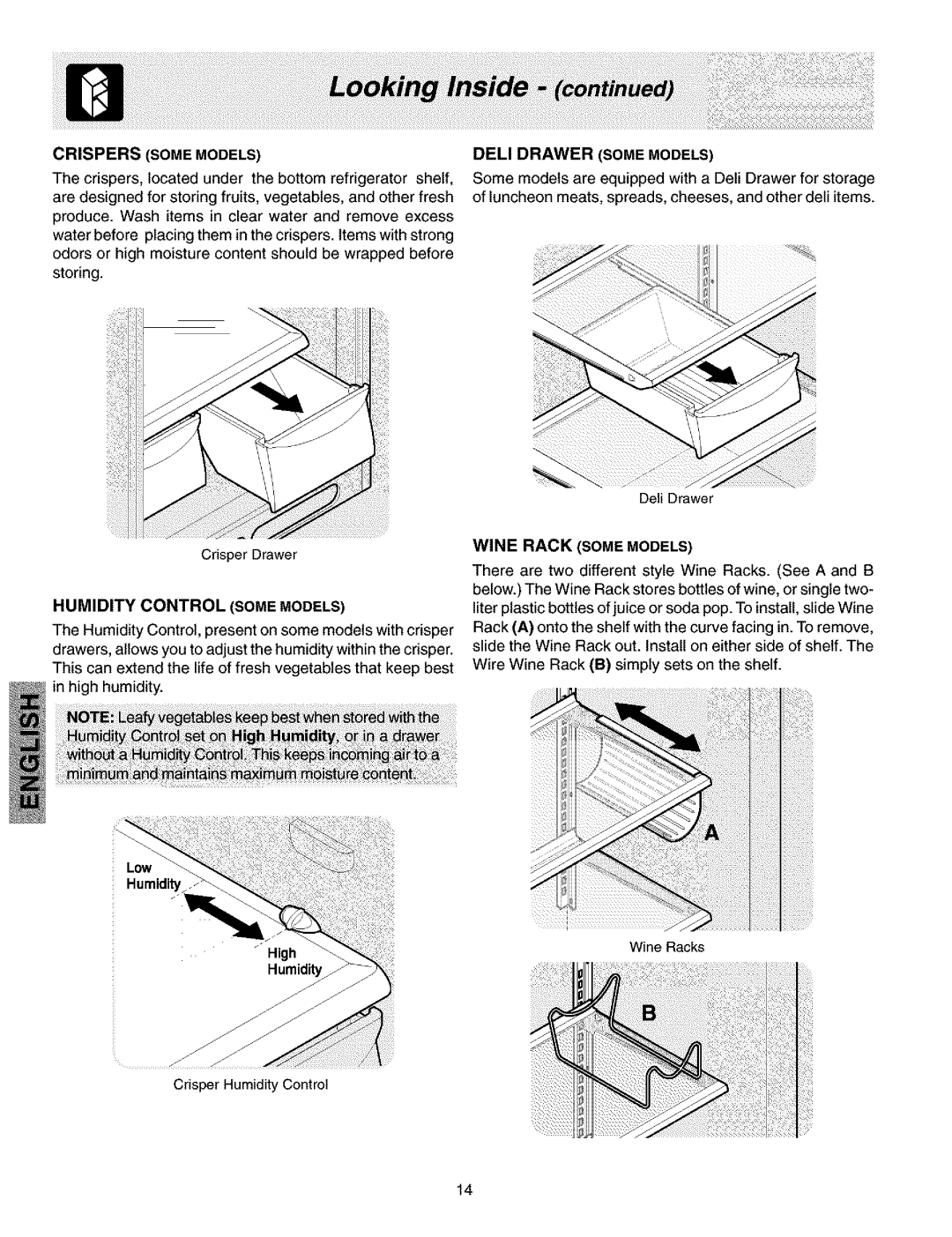Kenmore 2533184010C, 240432307 manual Crispers Some Models, Humidity Control Some Models, Wine Rack Some Models 