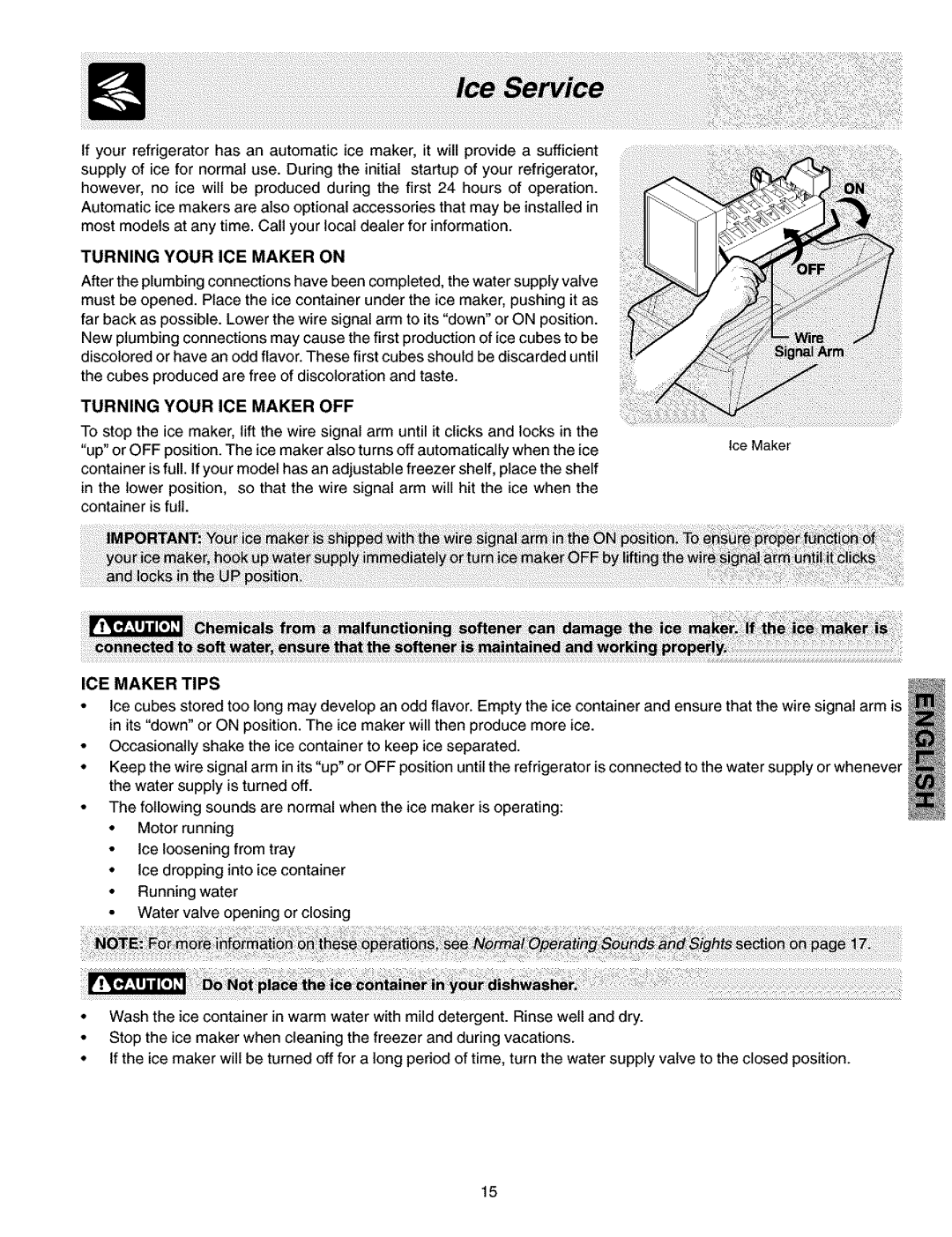 Kenmore 240432307, 2533184010C manual Turning Your ICE Maker on, Turning Your ICE Maker OFF, ICE Maker Tips 