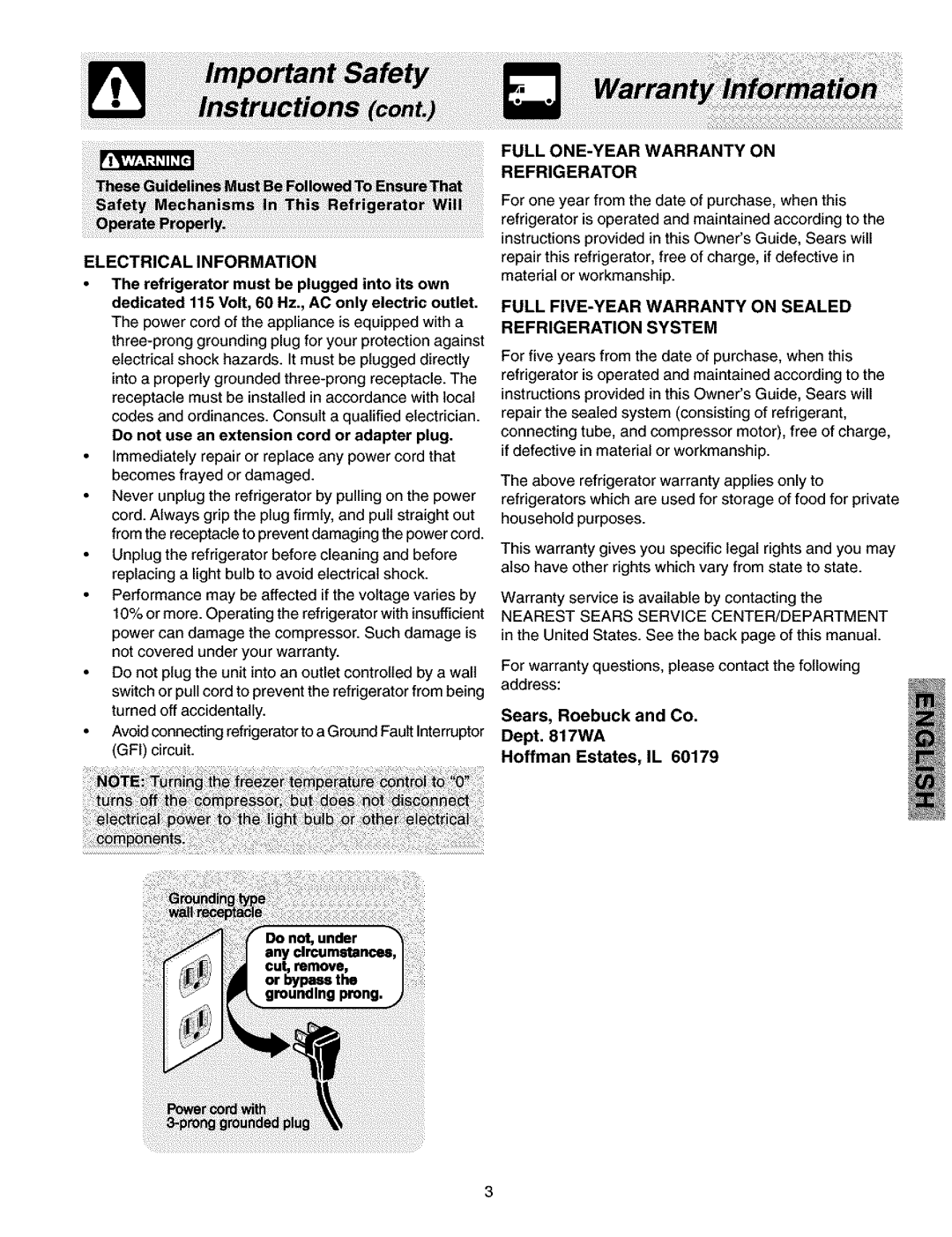 Kenmore 240432307, 2533184010C manual Electrical Information, Full ONE-YEAR Warranty on Refrigerator 