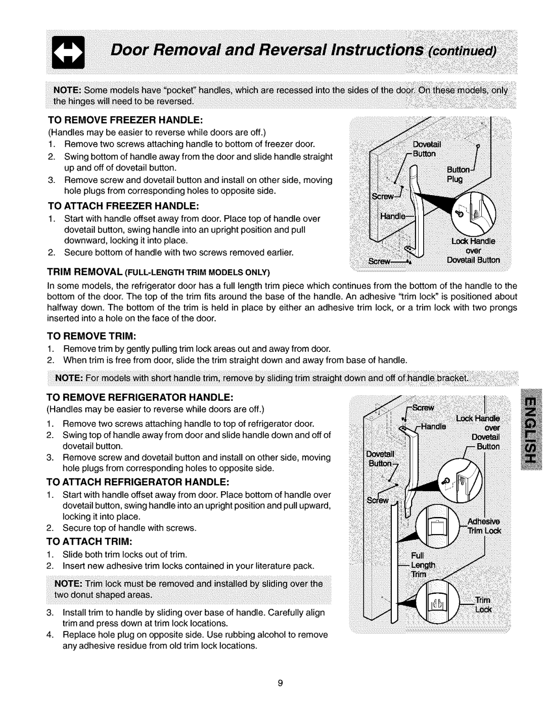 Kenmore 240432307, 2533184010C manual To Remove Freezer Handle, Trim Removal FULL-LENGTH Trim Models only, To Remove Trim 