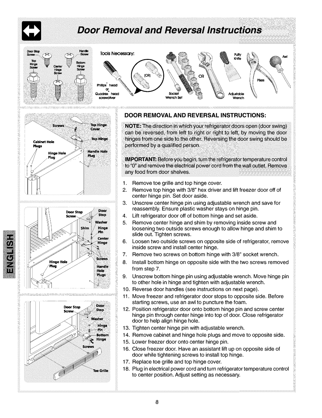 Kenmore 2533184010C, 240432307 manual Door Removal And Reversal Instructions 