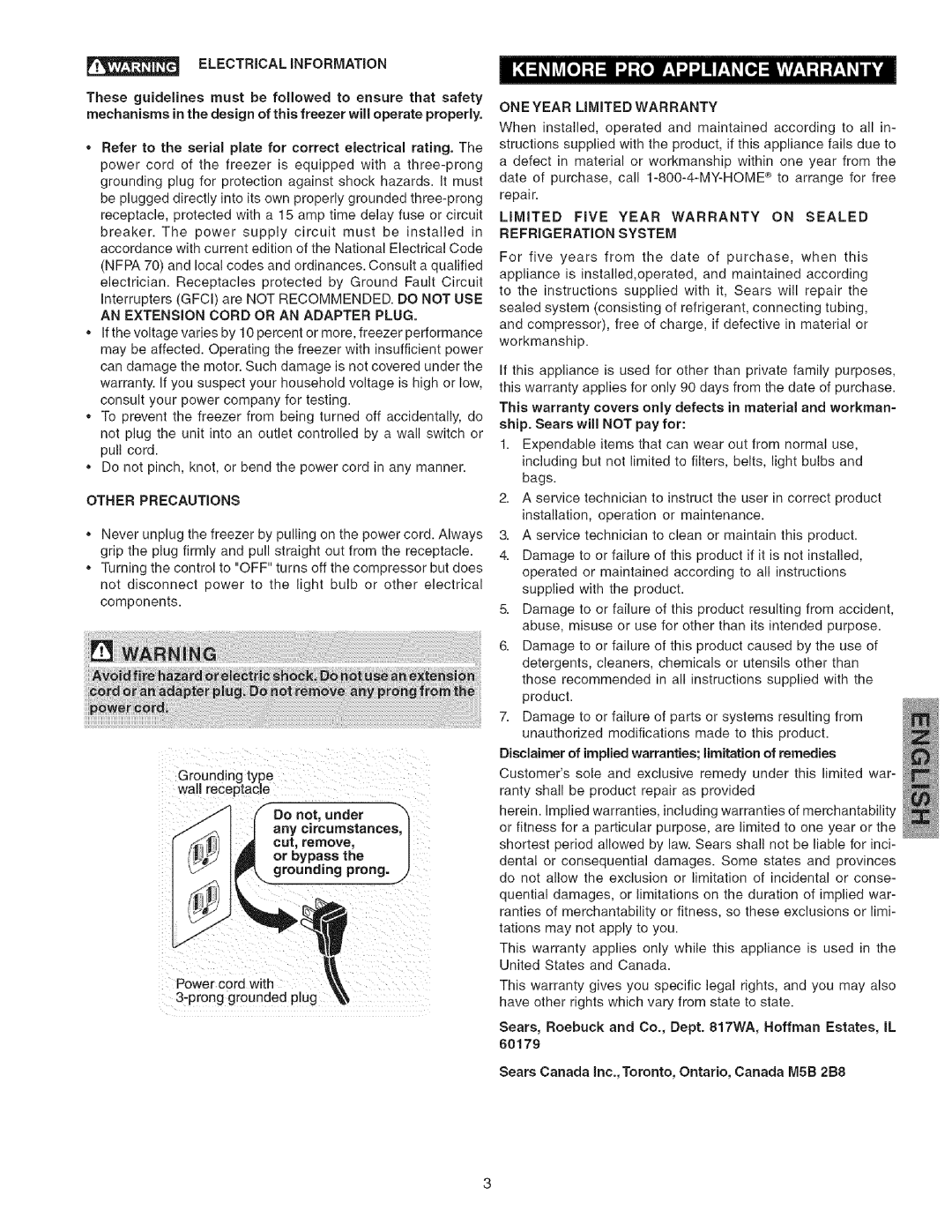 Kenmore 25344133800, 25344133802, 25344133801 manual AN Extension Cord or AN Adapter Plug, Other Precautions 