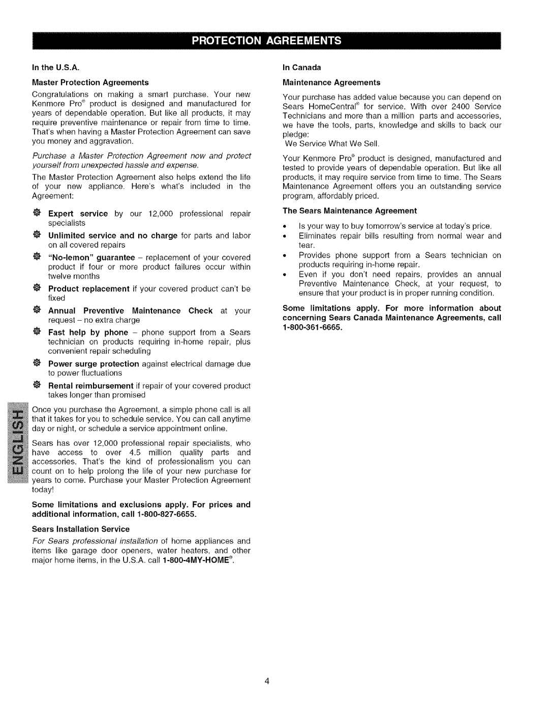 Kenmore 25344133800, 25344133802 U.S.A Master Protection Agreements, Maintenance Agreements, Sears Maintenance Agreement 