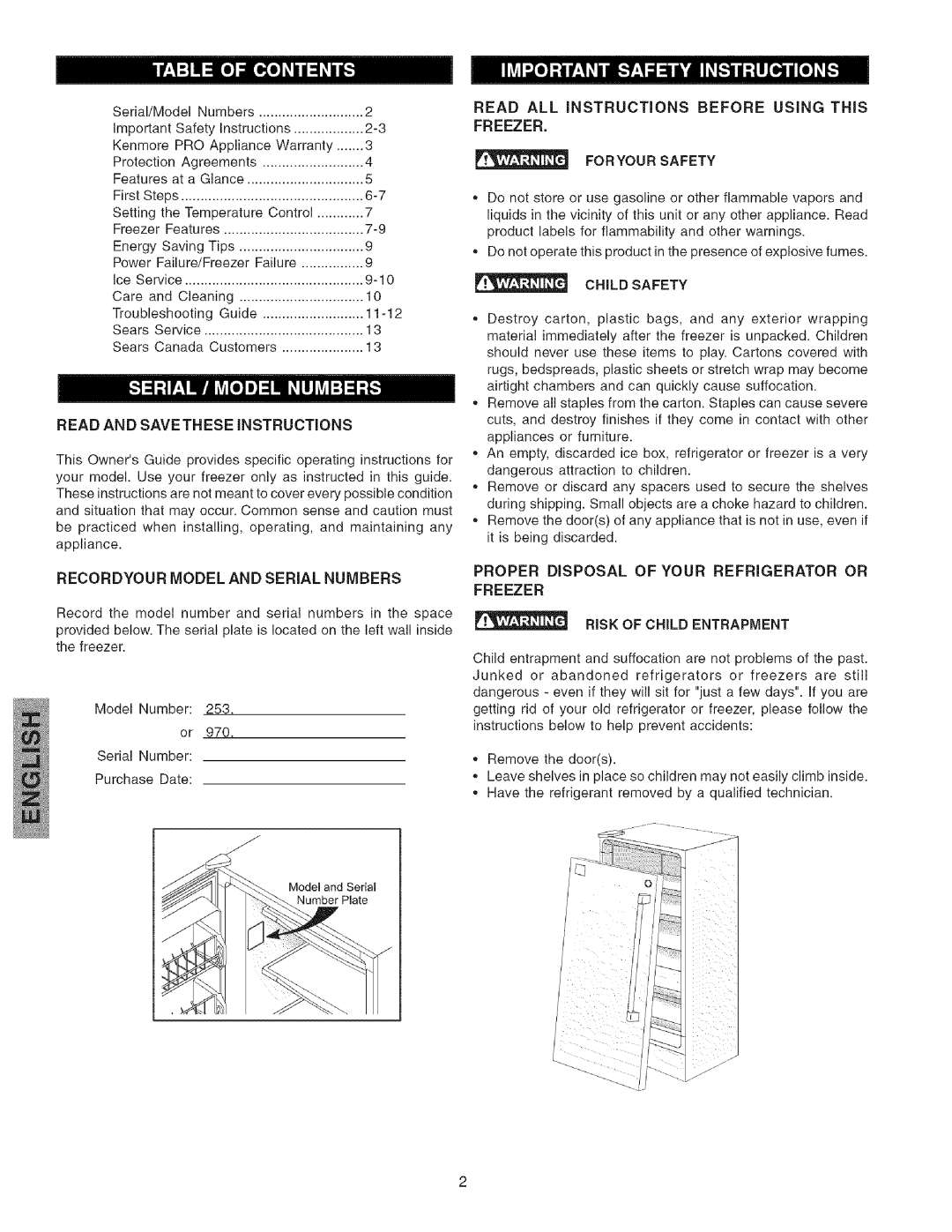 Kenmore 25344133801 manual Read And Savethese Instructions, Recordyour Model And Serial Numbers, Risk Of Child Entrapment 