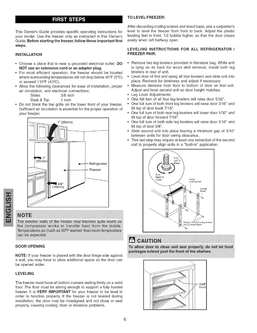 Kenmore 25344133801 steps INSTALLATION, To Level Freezer, Leveling Instructions For All Refrigerator, Freezer Pair 