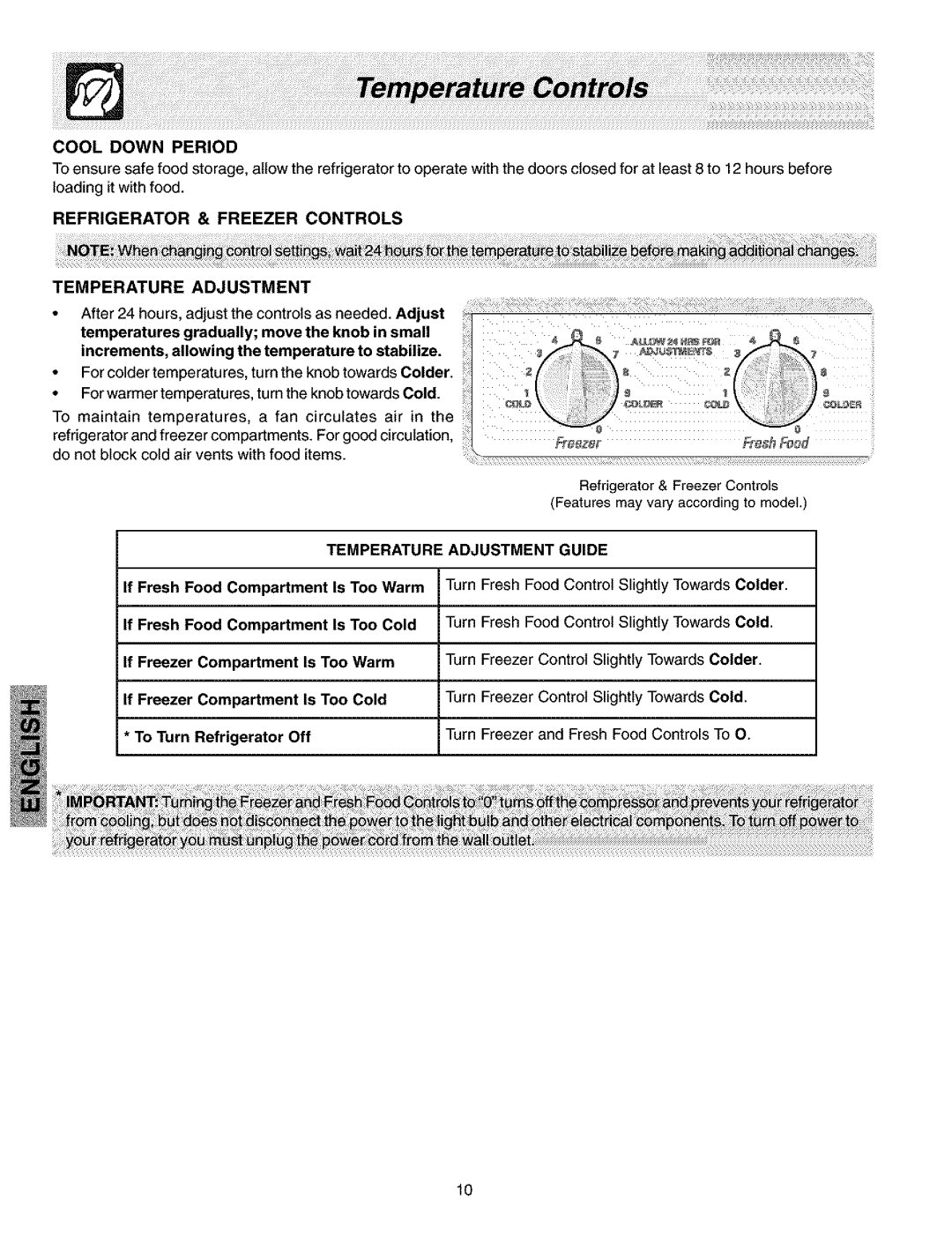 Kenmore 25351692105, 25352334202 manual Cool Down Period, Refrigerator & Freezer Controls, Temperature Adjustment, Ashed 