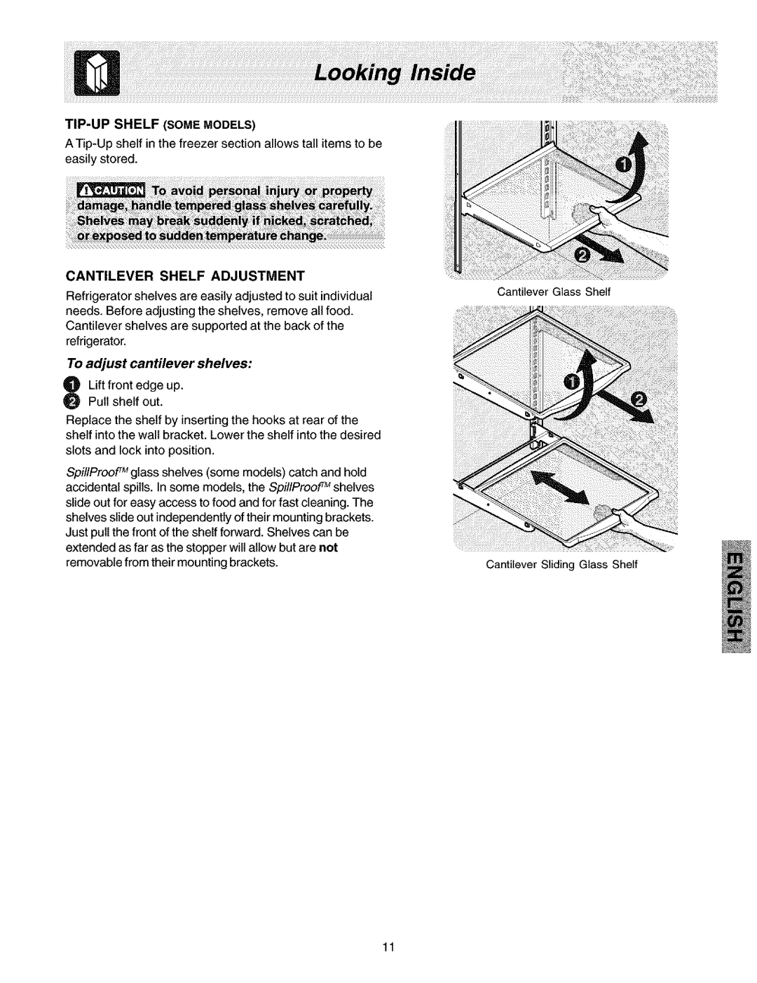 Kenmore 240461405, 25352334202 manual TIP-UP Shelf Some Models, Cantilever Shelf Adjustment, To adjust cantilever shelves 