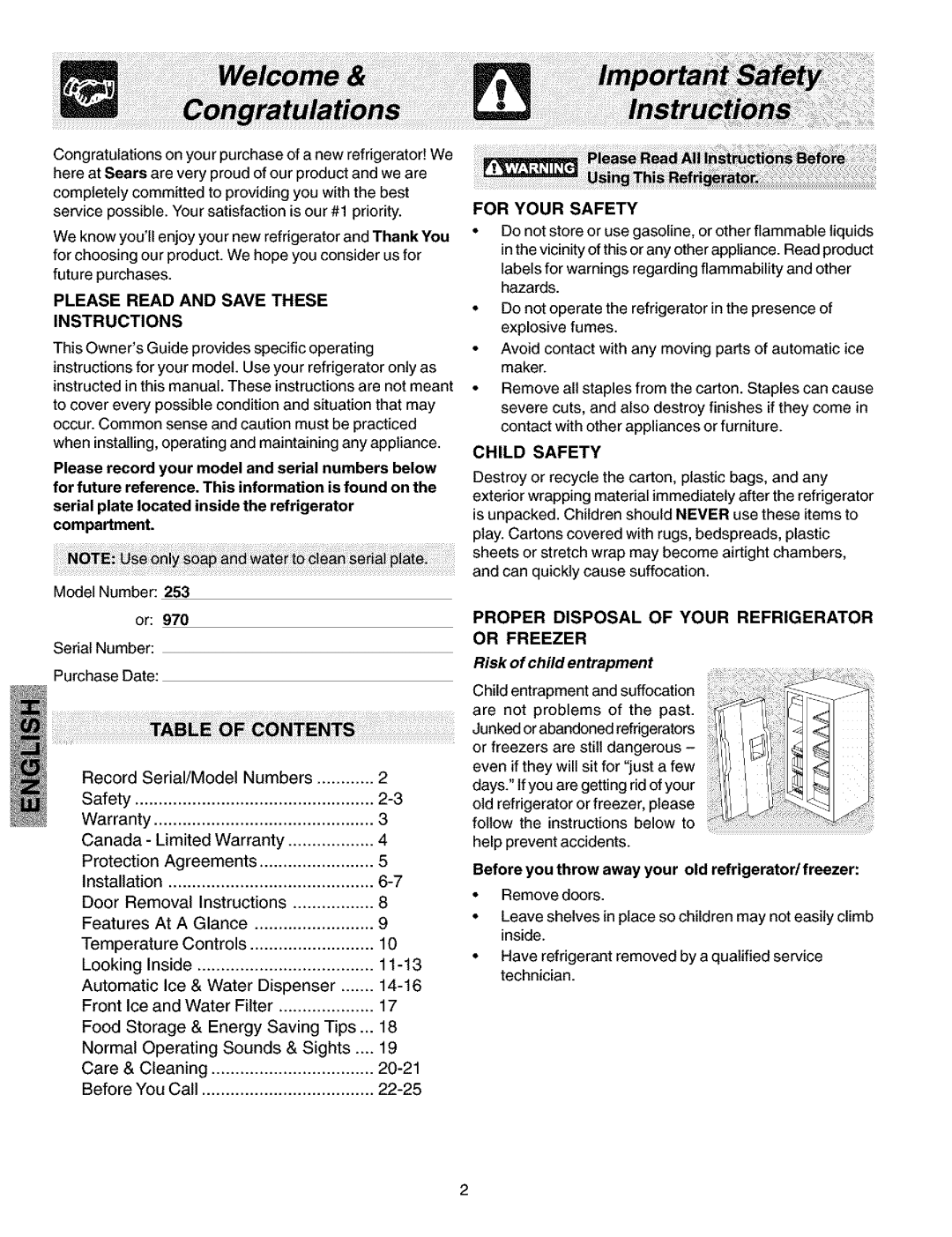 Kenmore 25352332202, 25352334202 manual Please Read and Save These Instructions, For Your Safety, Risk of child entrapment 