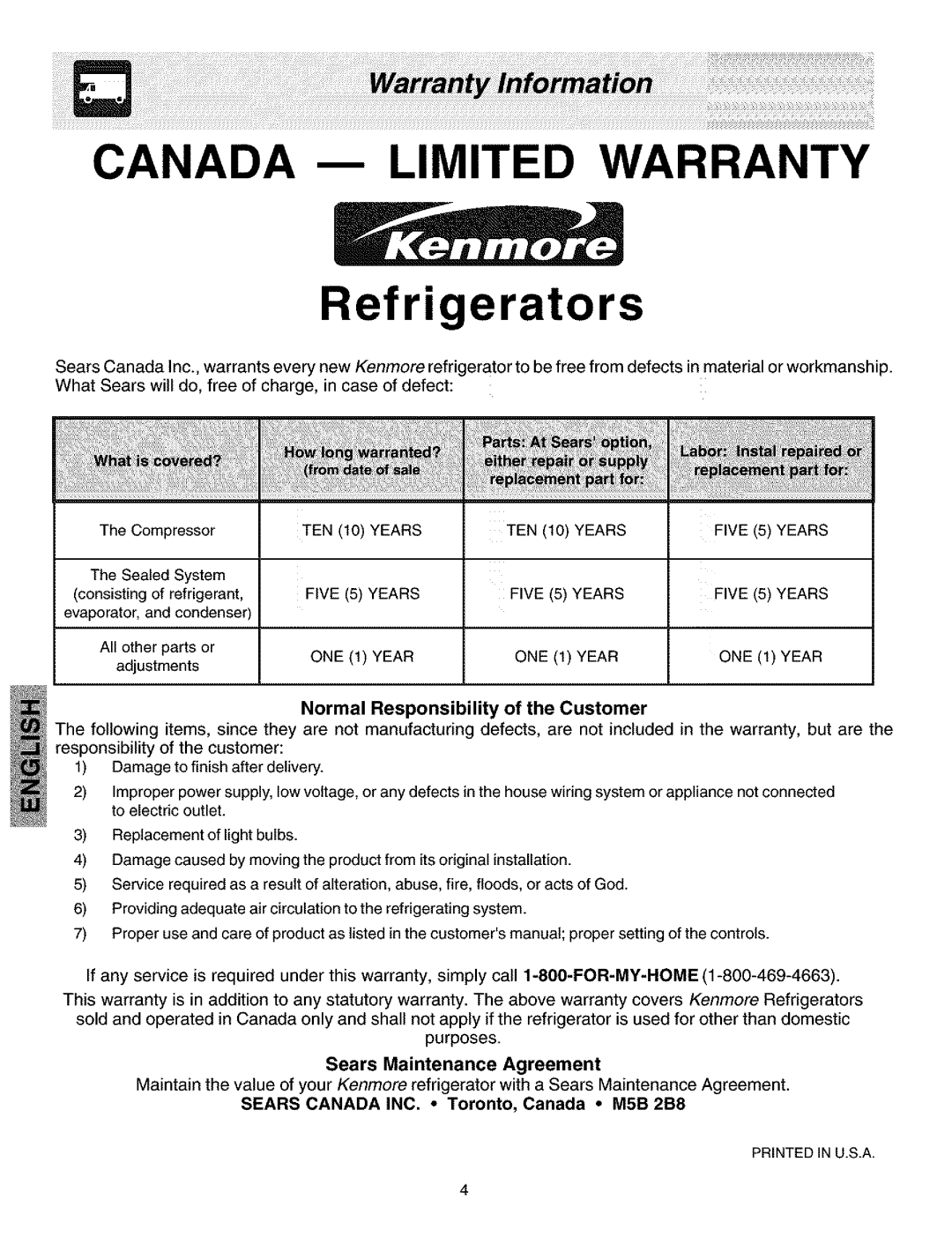 Kenmore 25352639202, 25352334202, 25351699105, 240461405 TEN 10 Years, Five 5 Years, ONE 1 Year, Sears Maintenance Agreement 