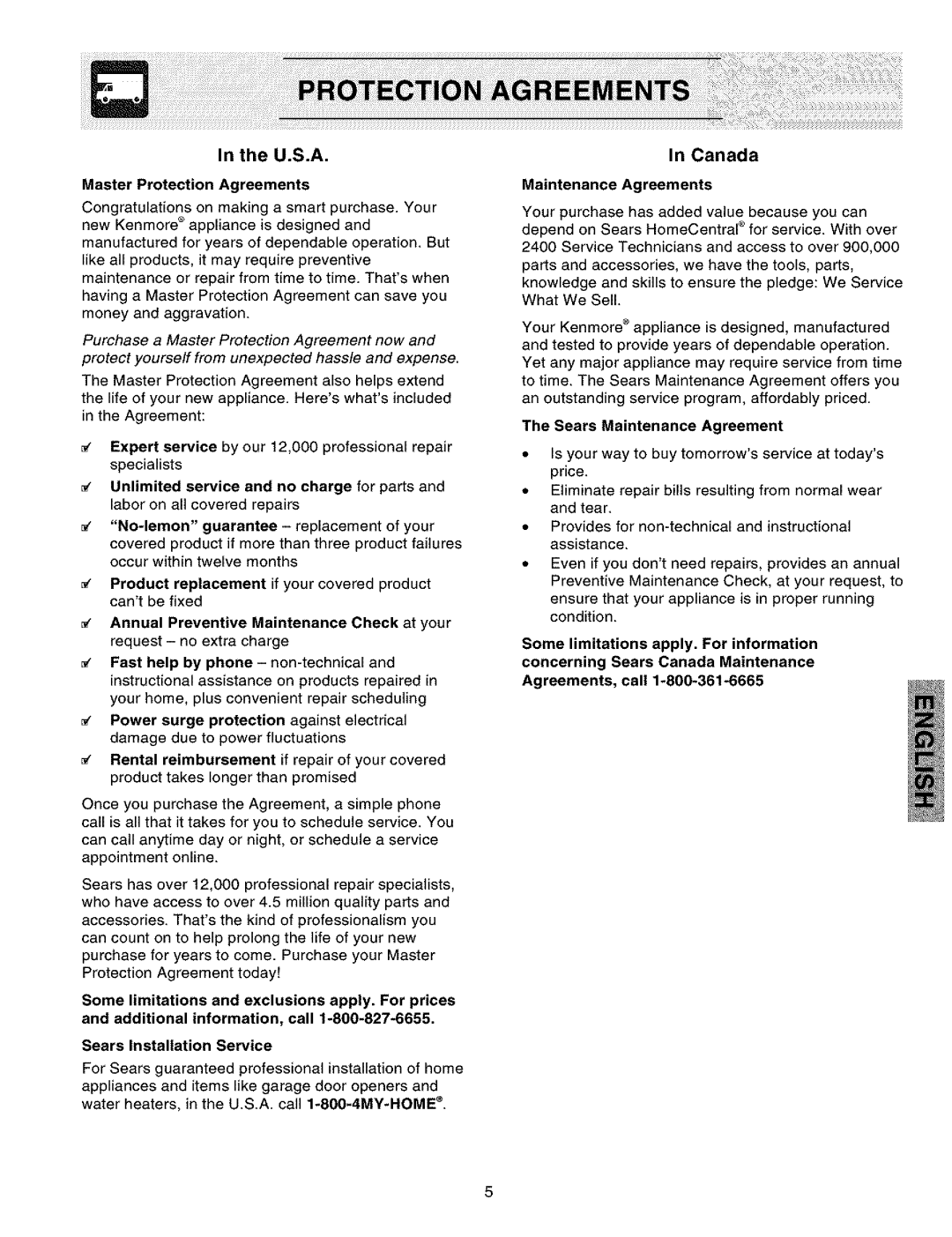 Kenmore 25351399106 Master Protection Agreements, Annual Preventive Maintenance Check at your, Maintenance Agreements 