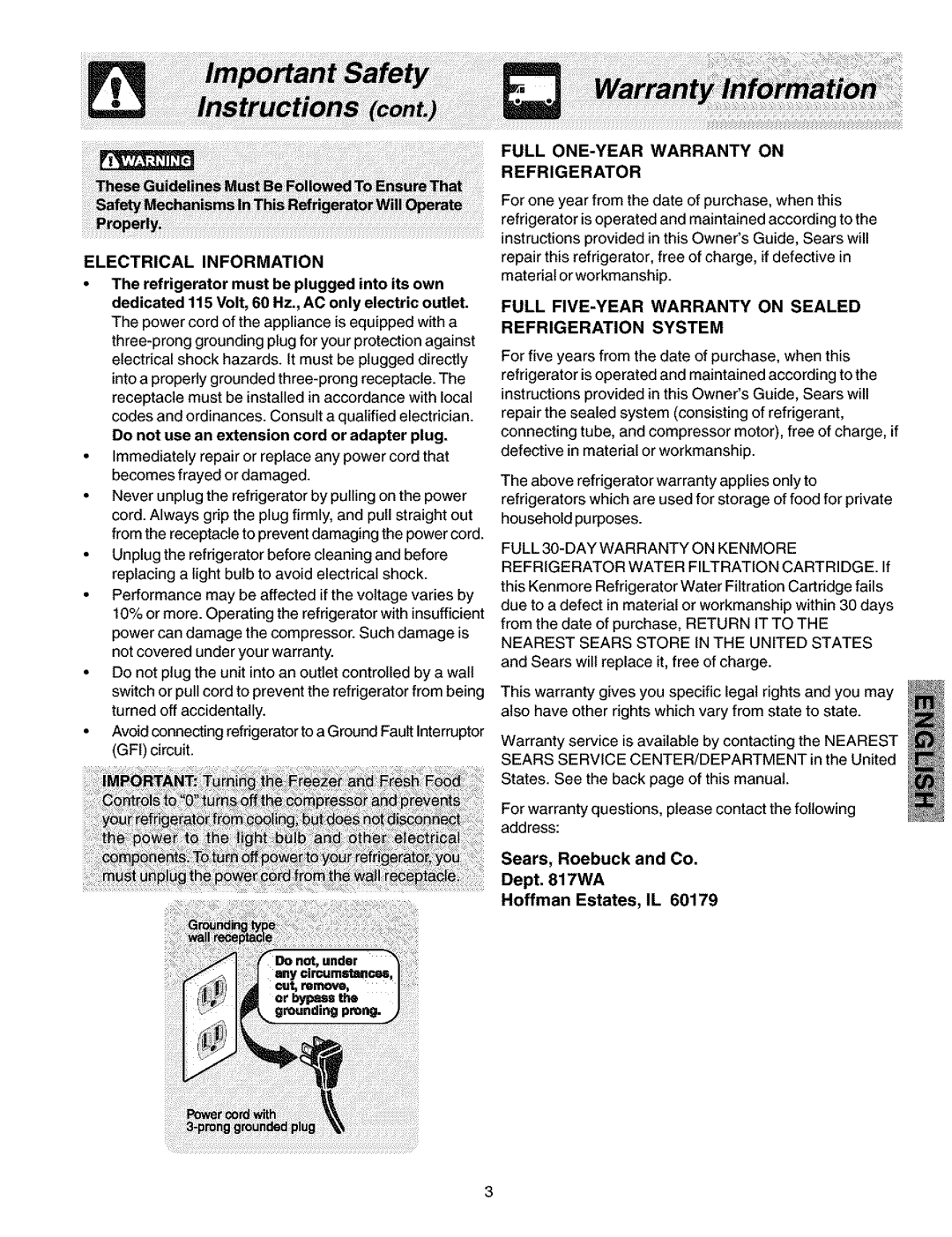 Kenmore 25352339202 Electrical Information, Do not use an extension cord or adapter plug, Full Five-Yearwarranty On Sealed 