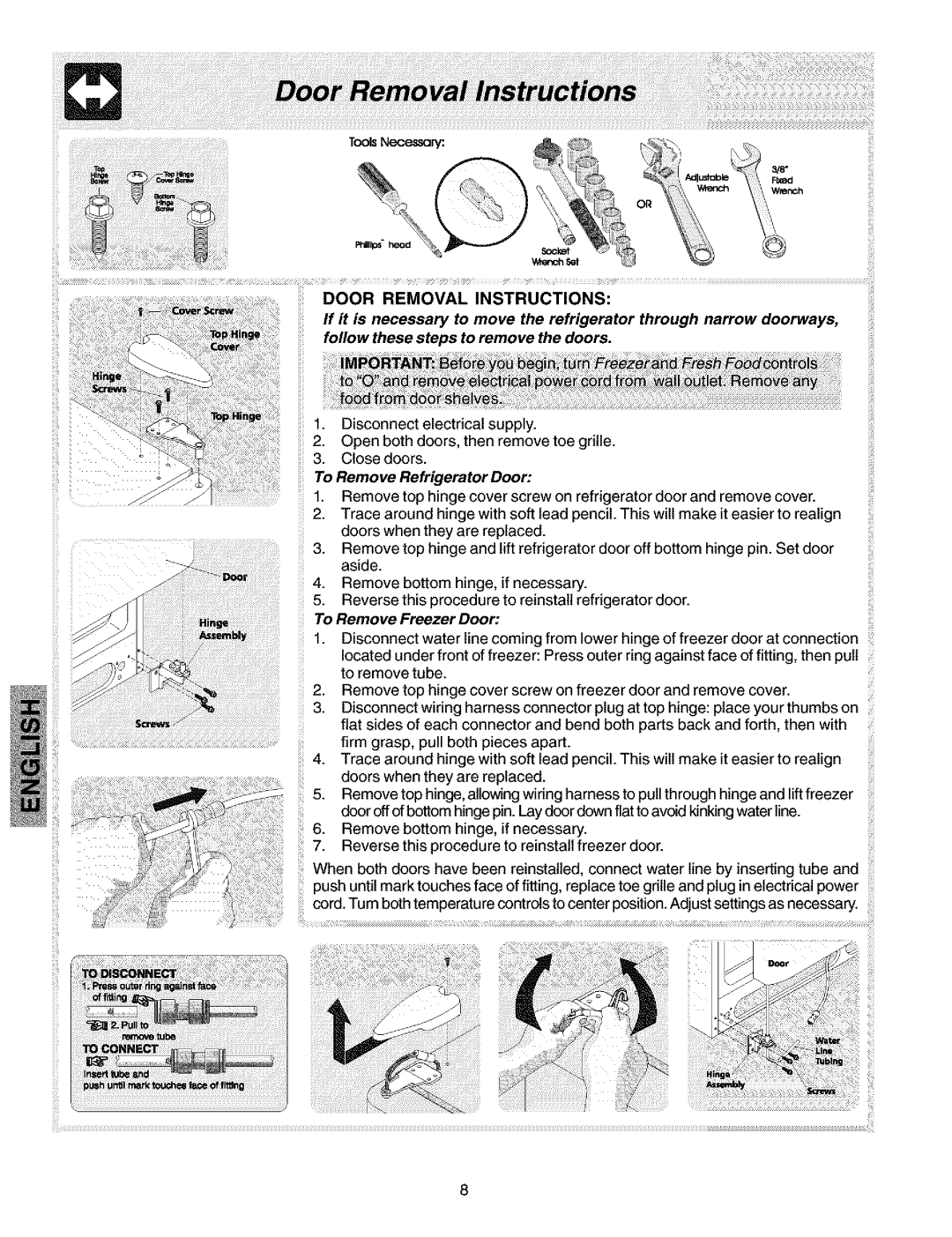 Kenmore 25352634202 manual Door Removal Instructions, follow these steps to remove the doors, To Remove Refrigerator Ooor 