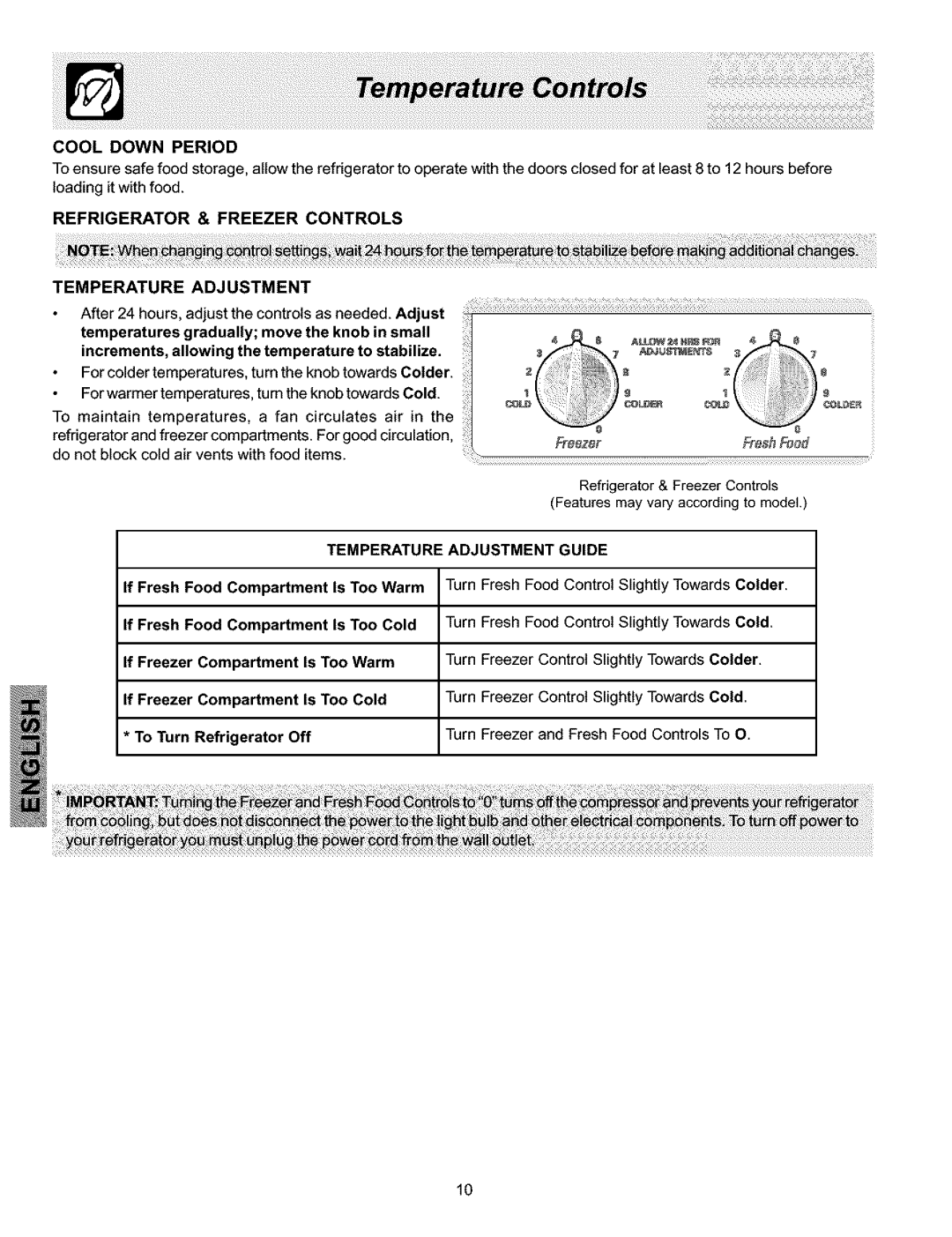 Kenmore 25354703403 manual Refrigerator & Freezer Controls Temperature Adjustment, Temperature Adjustment Guide, Colder 