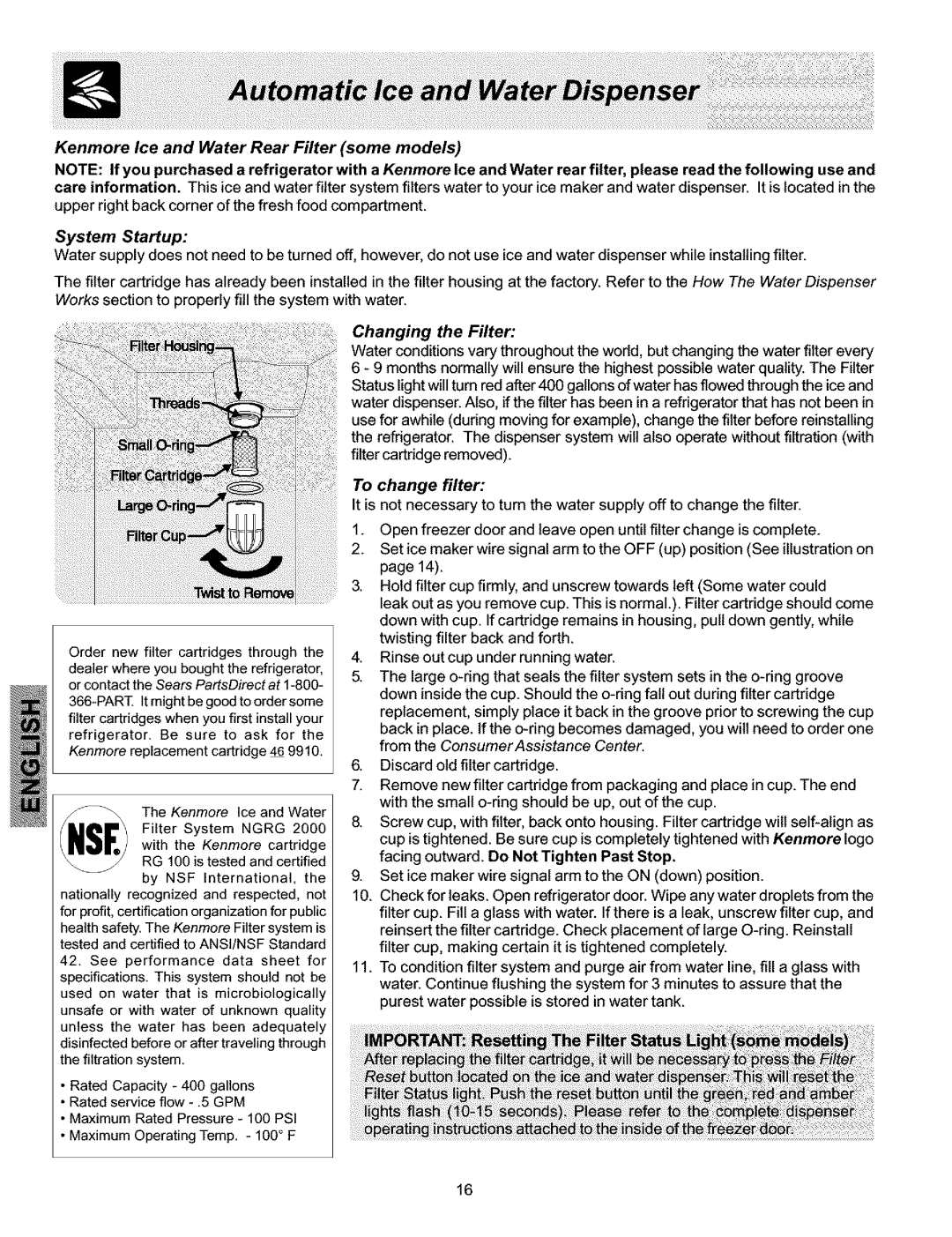 Kenmore 25354703401, 25353614300, 25354703404 Changing the Filter, To change filter, From the Consumer Assistance Center 