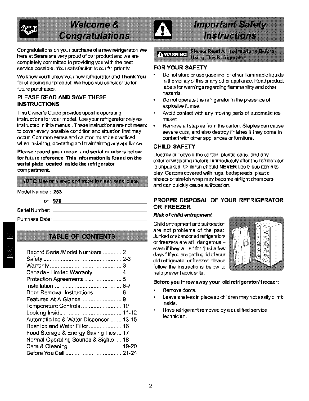 Kenmore 25354703401 manual Please Read and Save These Instructions, For Your Safety, Child Safety, Risk of child entrapment 