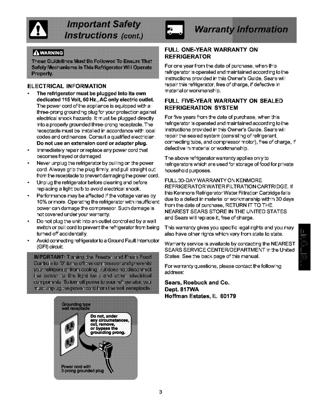 Kenmore 25354703403, 25353614300, 25354703404, 25354703401 Electrical Information, Full ONE-YEAR Warranty on Refrigerator 