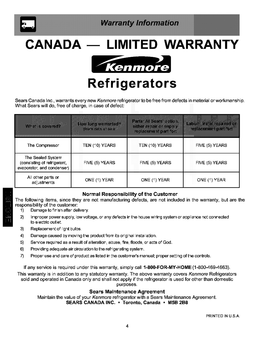 Kenmore 25354703400, 25353614300, 25354703404 Years, Sears Maintenance Agreement, Sears Canada INC. Toronto, Canada M5B 2B8 