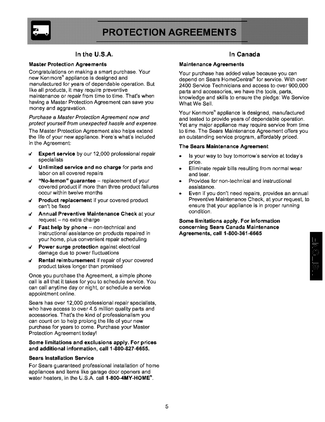 Kenmore 25354703402 Master Protection Agreements, Annual Preventive Maintenance Check at your, Maintenance Agreements 