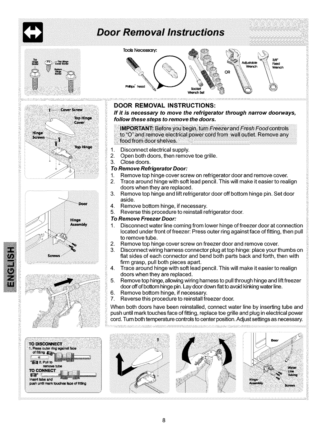 Kenmore 25354703404, 25353614300, 25354703401, 25354703403, 25354703400 manual To Remove Refrigerator Door, ToRemoveFreezerDoor 