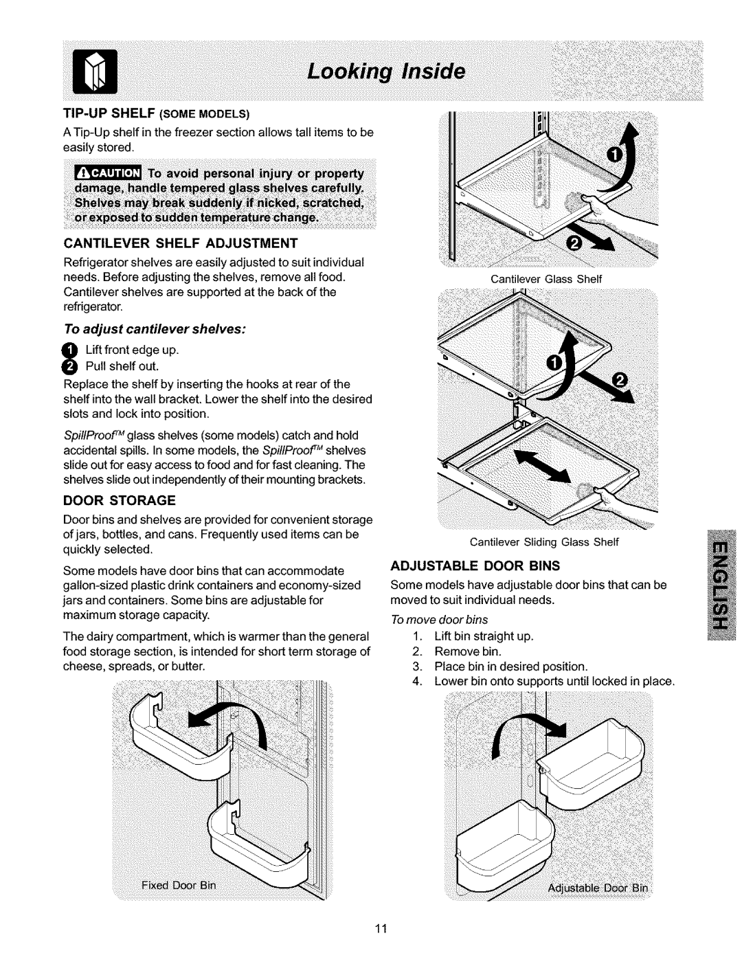 Kenmore 25354703400 manual Cantilever Shelf Adjustment, To adjust cantilever shelves, Door Storage, Adjustable Door Bins 