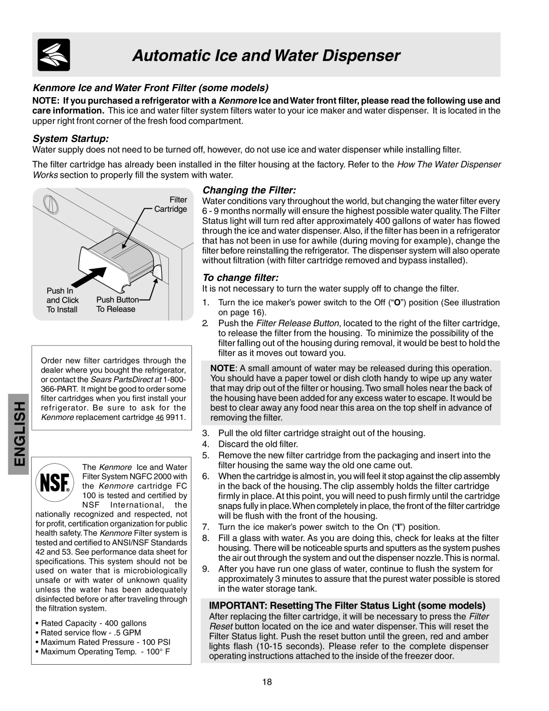 Kenmore 25360721005 manual Changing the Filter, To change filter 