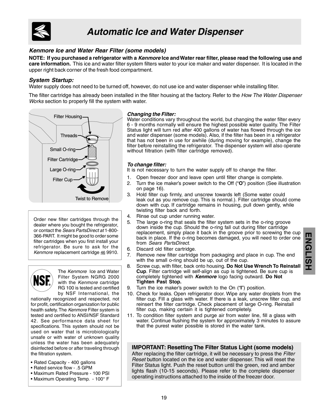 Kenmore 25360721005 manual Changing the Filter, To change filter, Tighten Past Stop 