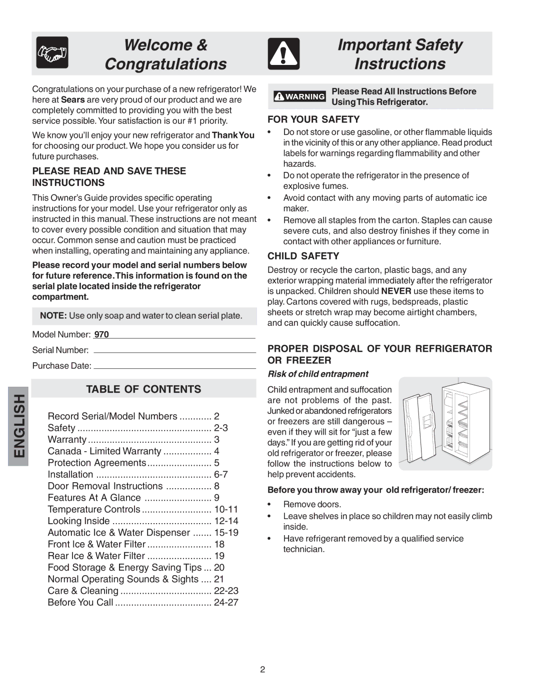 Kenmore 25360721005 manual Welcome Important Safety Congratulations Instructions, Table of Contents 