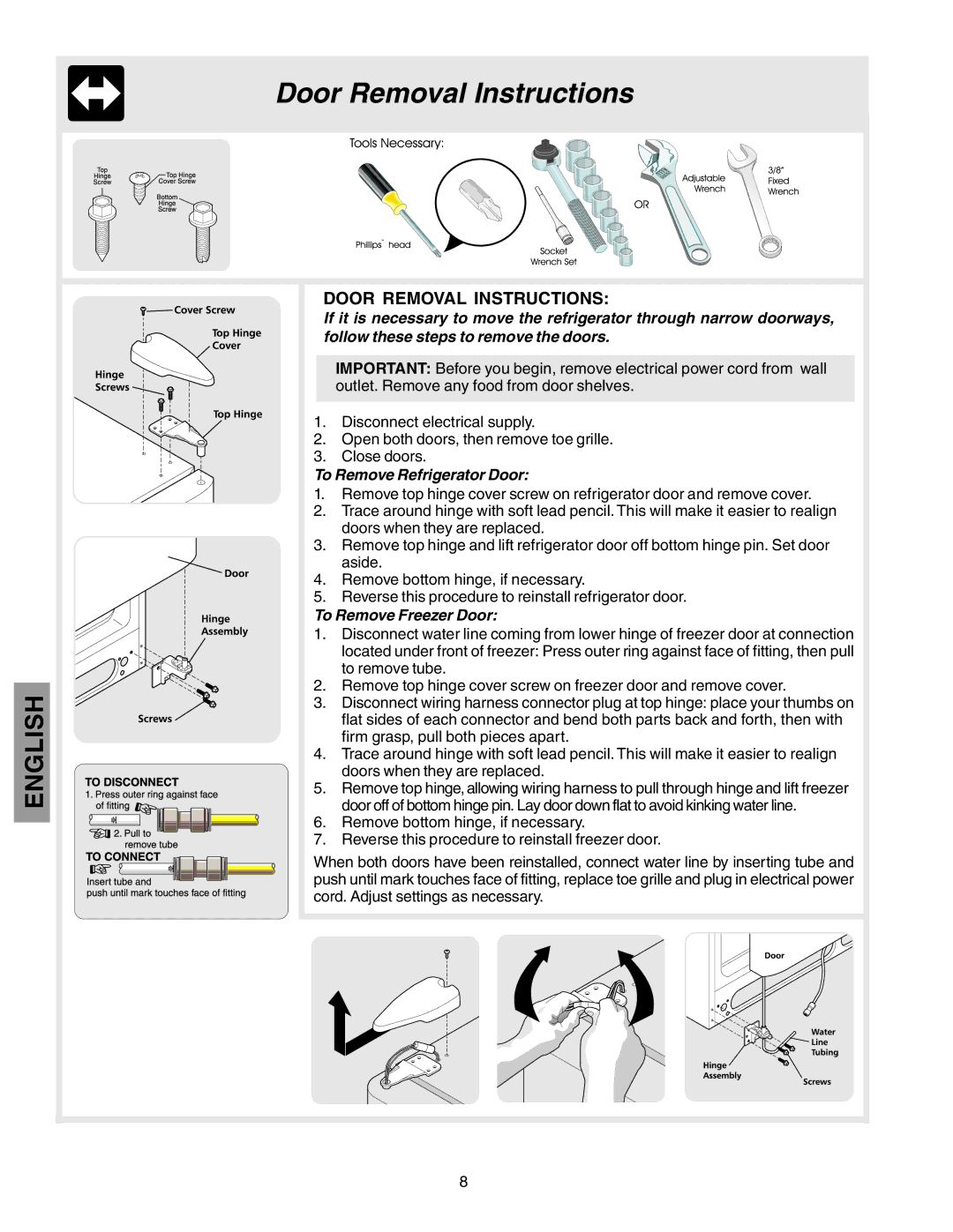 Kenmore 25360721005 manual Door Removal Instructions, To Remove Refrigerator Door, To Remove Freezer Door 