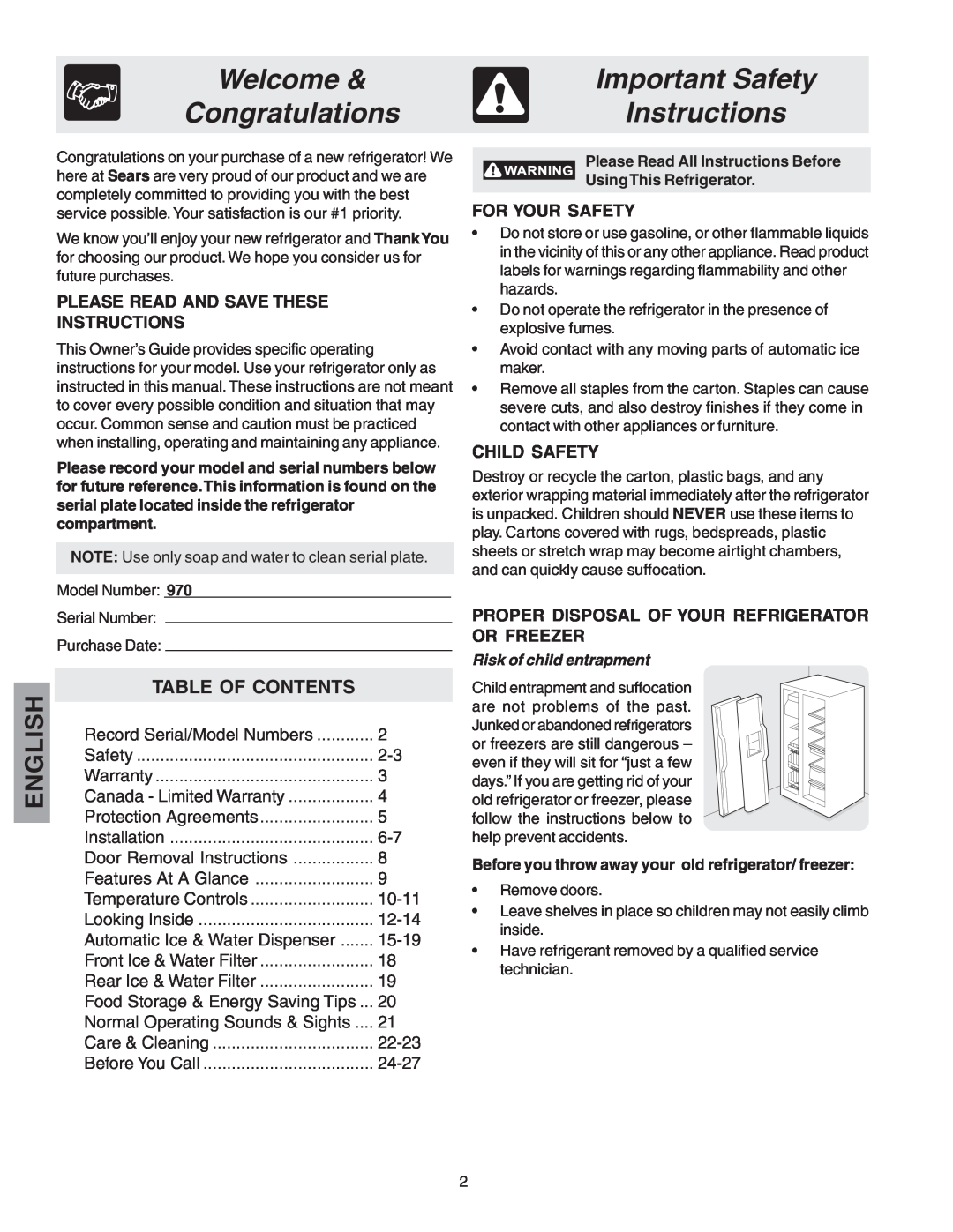 Kenmore 25360721005 manual Welcome, Important Safety, Congratulations, Instructions, Table Of Contents, For Your Safety 