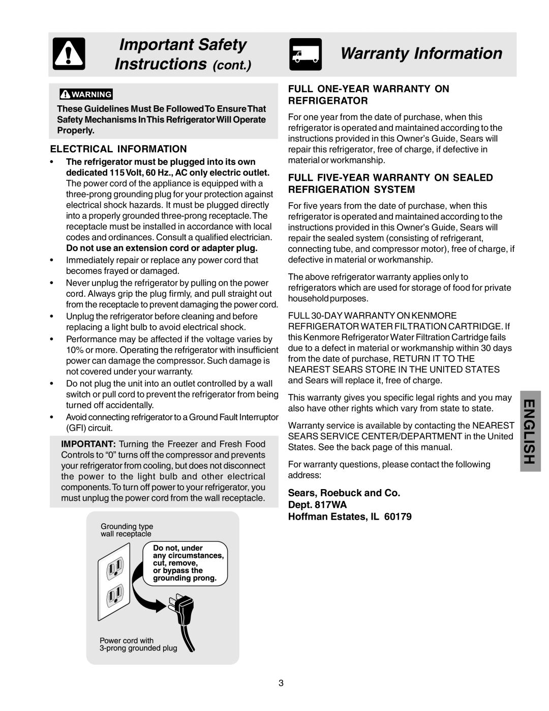 Kenmore 25360721005 manual Important Safety Warranty Information Instructions cont, English, Electrical Information 