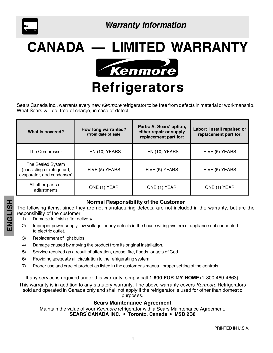 Kenmore 25360721005 Warranty Information, Normal Responsibility of the Customer, Sears Maintenance Agreement, English 