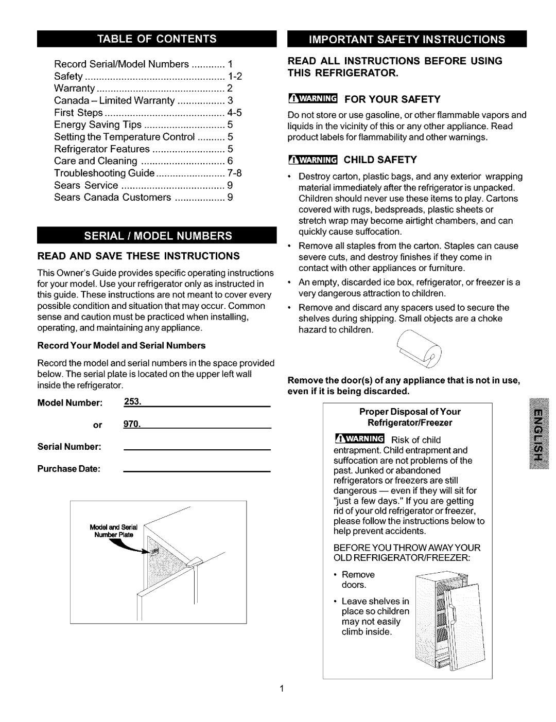 Kenmore 216769500, 25360721008 manual Read and Save These Instructions, Record Your Model and Serial Numbers, Child Safety 