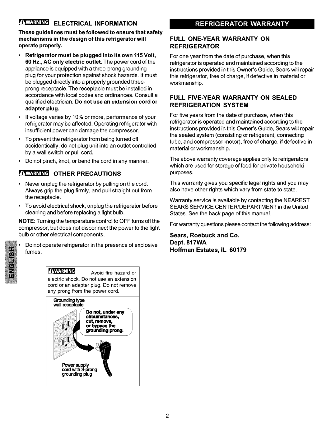 Kenmore 25360721008, 25360722006 manual Electrical Information, Other Precautions, Full ONE-YEAR Warranty on Refrigerator 