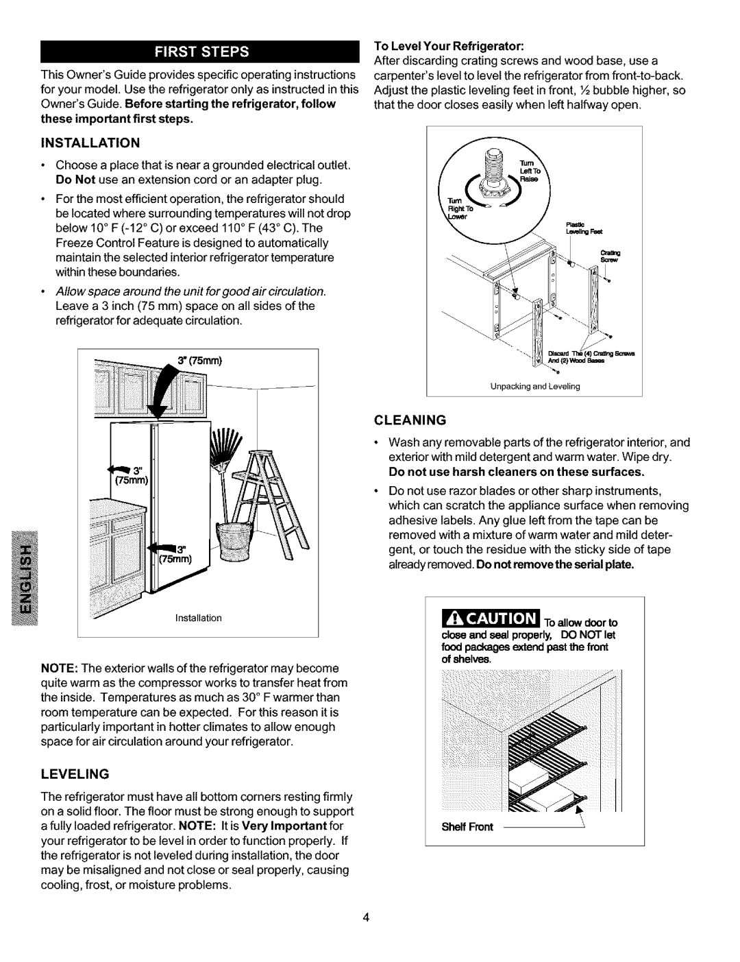 Kenmore 216769500, 25360721008, 25360722006 These important first steps, To Level Your Refrigerator, Leveling, Cleaning 