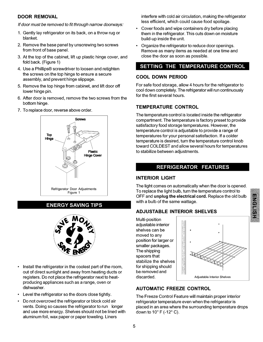 Kenmore 25360721008 manual Door Removal, Cool Down Period, Temperature Control, Interior Light, Adjustableinterior Shelves 