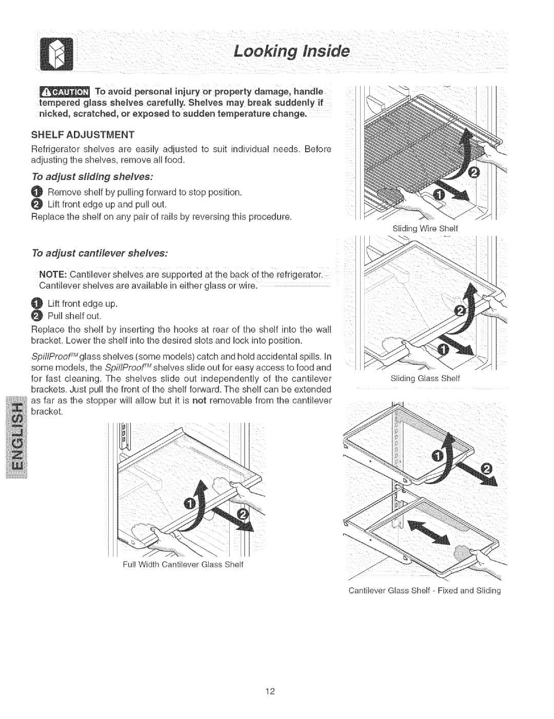 Kenmore 25364179401, 25374184403, 25364853406 Shelf Adjustment, To adjust sliding shelves, To adjust cantilever shelves 