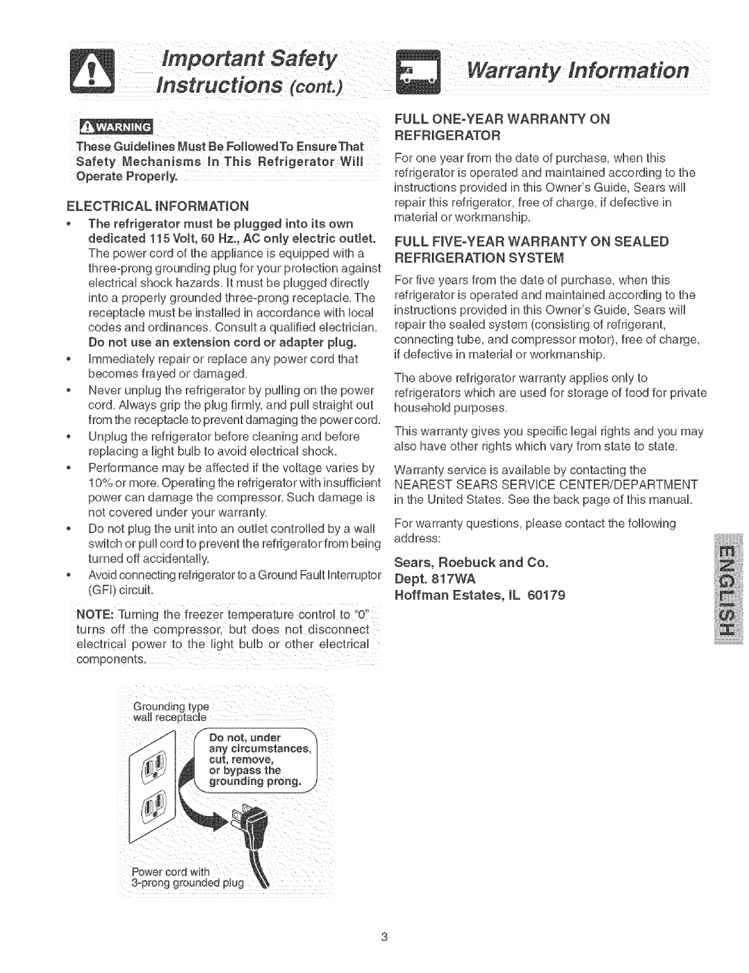 Kenmore 25364862406 manual Electrical Information, Refrigerator, Full FIVE-YEAR Warranty on Sealed Refrigeration System 