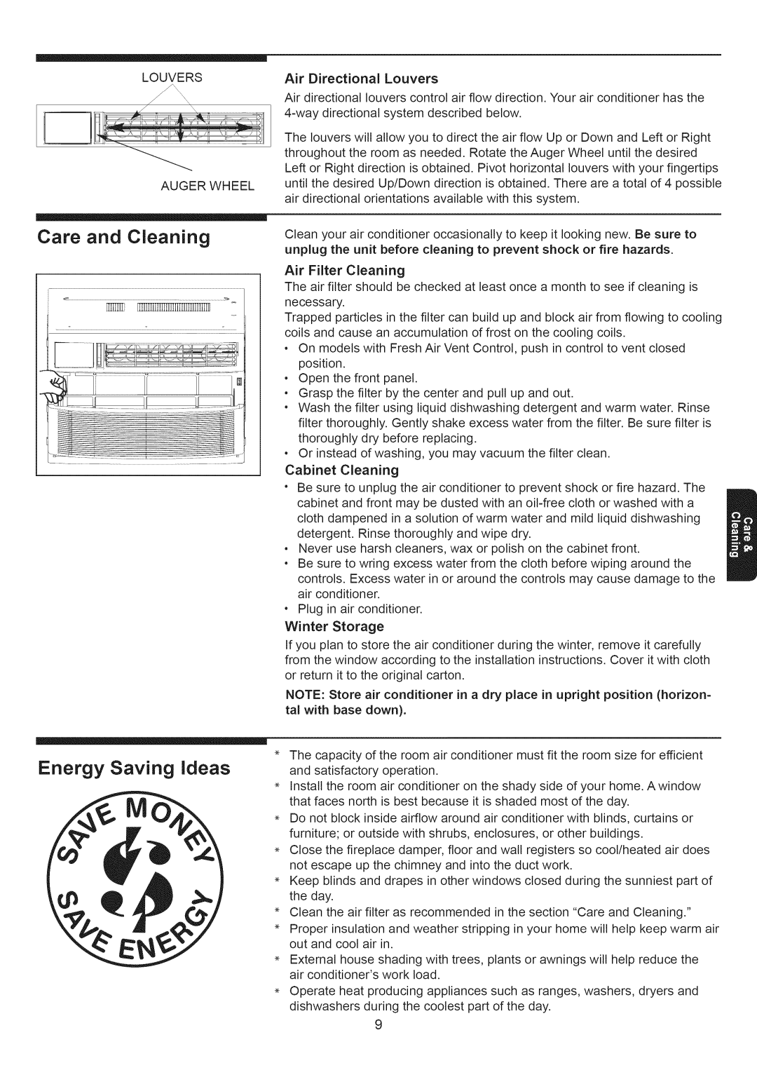 Kenmore 253.71124, 253.79184 manual Energy Saving Ideas, Air Filter Cleaning 