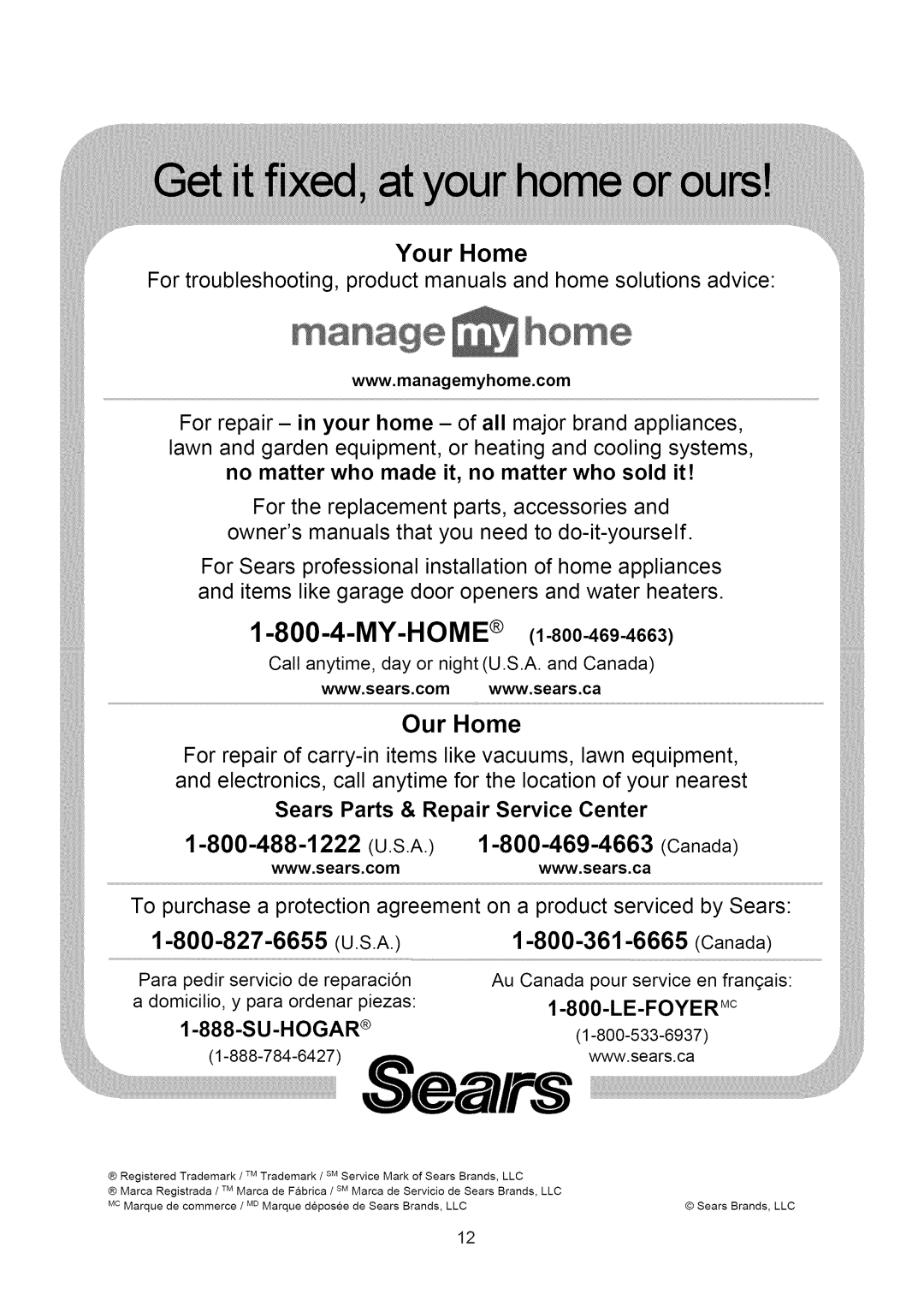 Kenmore 253.79184, 253.71124 manual Your Home, Our Home, Sears Parts & Repair Service Center 