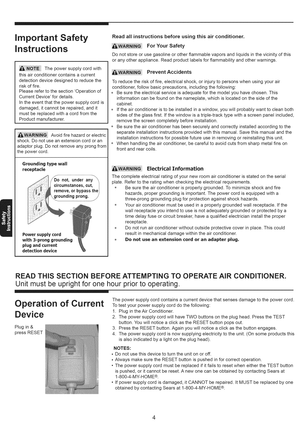 Kenmore 253.79184 important Safety instructions, Operation of Current, Device, Grounding type wall, circumstances, cut 